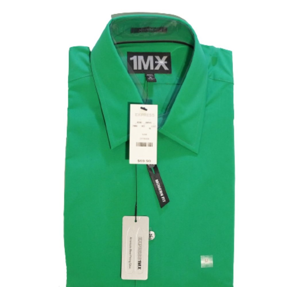 Express 1MX Mens Modern Fit Stretch Cotton Slim Dress Shirt Green Medium NEW
